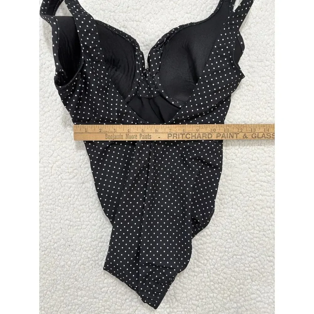 Vtg Miraclesuit Black One Piece Swimsuit Polka Dot Ruched Underwire Shaping Slim